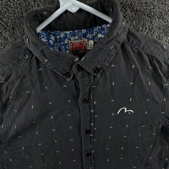 EVISU Genes Dark Gray Medium Long Sleeve Button Up Shirt AOP Logo Print Cotton - Picture 6 of 14